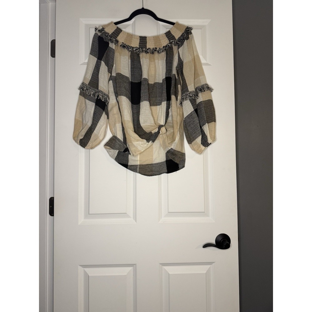 Mystree Small Off The Shoulder Plaid Smocked Top Balloon Sleeves Small Tie Front